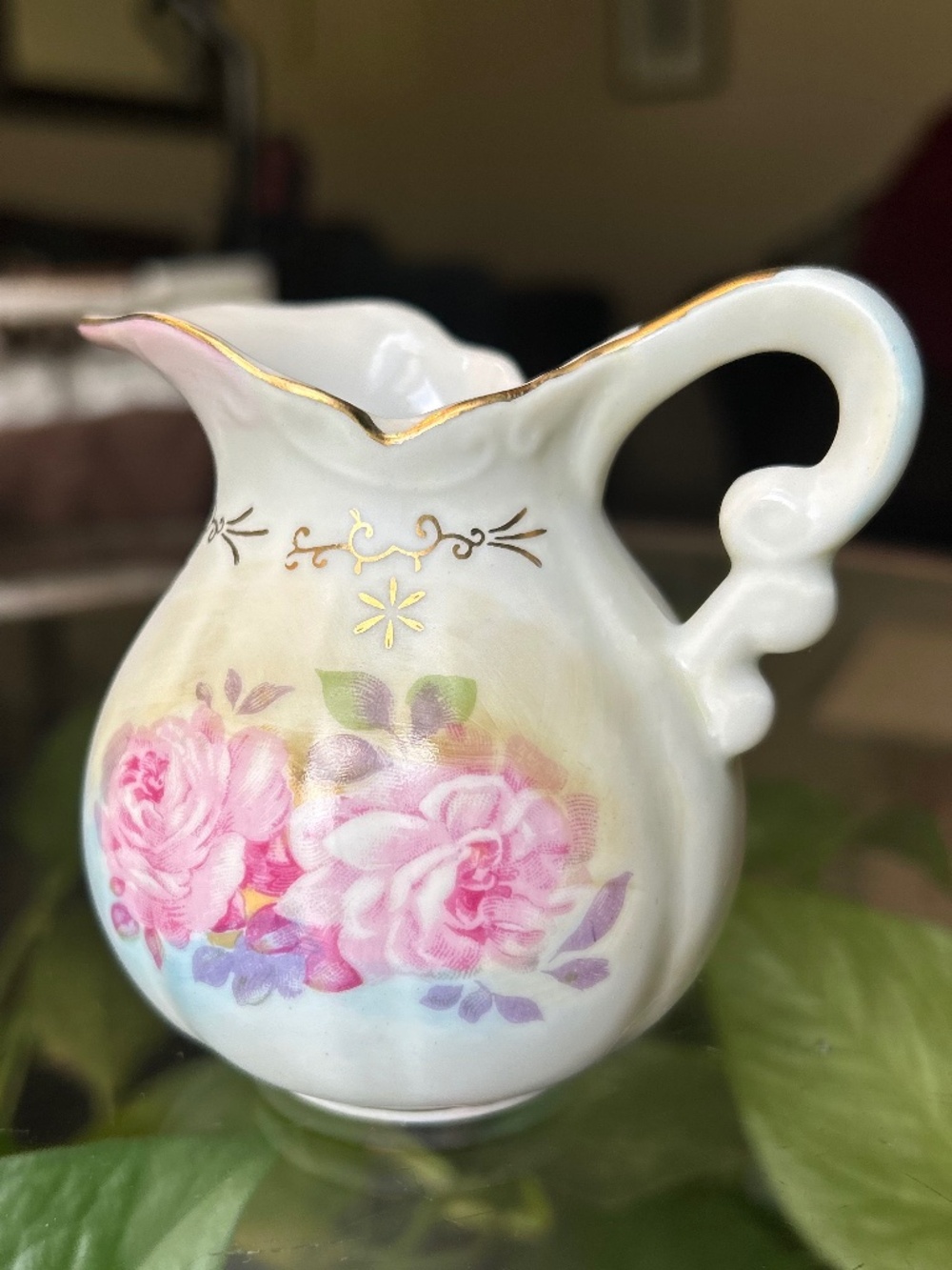 Mini Vintage KPM Poland Porcelain Creamer | Pink Roses | Gold Trim | Cottagecore